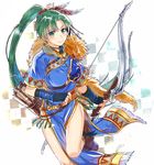  arrow blue_eyes bow_(weapon) fire_emblem fire_emblem:_rekka_no_ken fire_emblem_heroes fur_collar green_hair highres holding holding_bow_(weapon) holding_weapon long_hair looking_at_viewer lyndis_(fire_emblem) ponytail quiver smile solo weapon yuki_(sumaburalove) 