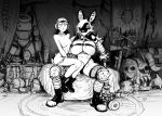 2024 american_opossum anthro big_breasts black_and_white bodypaint boots breast_squish breasts brotherhood_of_steel_(fallout) chain clothing didelphid duo english_text eyewear face_paint fallout female female/female footwear glasses hair hair_over_eye hi_res hladilnik lagomorph leporid mammal marsupial marylin_(hladilnik) microsoft monochrome mostly_nude nude on_lap pro_bun_(hladilnik) rabbit raider_(fallout) shoes shoulder_pads sitting_on_lap smug spiked_knee_pads spiked_shoulder_pads spikes squish text virginia_opossum