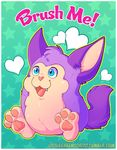  &lt;3 3_toes ambiguous_gender barefoot blue_eyes border cel_shading command cute english_text fangs fluffy fur head_tuft hi_res klotzzilla littlegreendorito nude open_mouth open_smile outline pawpads pink_nose purple_fur sitting smile solo tattletail tattletail_(character) tattletail_(species) text toes tongue tuft url 
