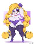  2017 anthro big_breasts blonde_hair bow_tie braided_hair breasts broodals buckteeth clothing eyelashes eyeshadow female fishnet fishnet_legwear footwear gloves hair harriet_(mario) hat hi_res lagomorph legwear long_hair looking_at_viewer makeup mammal mario_bros mehdrawings nintendo open_mouth pigtails rabbit red_eyes shoes short_stack solo super_mario_odyssey teeth twin_braids video_games 