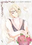  artist_name atoatto blonde_hair bug butterfly circlet dated feathered_wings fire_emblem fire_emblem_if flower happy_birthday insect leaf male_focus marks_(fire_emblem_if) purple_eyes rose solo upper_body wings 