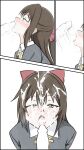  1boy 1girl absurdres blush brown_hair cum cum_in_eye cum_in_mouth cum_on_hair ejaculation facial fellatio hetero highres love_live! love_live!_nijigasaki_high_school_idol_club oral osaka_shizuku penis shizuwonderland 