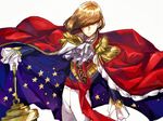  aaron_smith brown_hair cape hair_over_one_eye highres juuni_taisen juuni_taisen_vs_juuni_taisen looking_at_viewer male_focus mettauchi red_cape scale simple_background solo star star_print white_background 