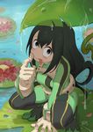 :p asui_tsuyu black_hair bodysuit boku_no_hero_academia breasts commentary flower full_body gloves hair_rings handesu highres leaf lily_pad long_hair looking_at_viewer low-tied_long_hair nature pond rain small_breasts solo squatting tongue tongue_out water water_drop 