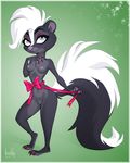  2017 anthro artbirchly_(artist) blue_eyes bow breasts courtney_brushmarke digital_media_(artwork) eyebrows eyelashes female fur hair looking_at_viewer mammal nipples nude painted_claws pussy simple_background skunk solo 