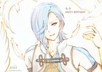  artist_name atoatto bird blue_hair dated feathers fire_emblem fire_emblem_if hair_over_one_eye happy_birthday male_focus open_mouth shigure_(fire_emblem_if) simple_background solo upper_body white_background yellow_eyes 