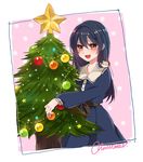  bangs bird blue_dress blue_hair blush christmas christmas_ornaments christmas_tree commentary_request dress eyebrows_visible_through_hair hair_between_eyes hat long_hair looking_at_viewer love_live! love_live!_school_idol_project merry_christmas minami_kotori_(bird) open_mouth pine_tree purin_(purin0) ribbon santa_hat smile solo sonoda_umi star striped tree yellow_eyes 