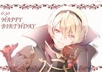  armor artist_name atoatto blonde_hair capelet fire_emblem fire_emblem_if gloves hairband happy_birthday leon_(fire_emblem_if) male_focus portrait red_eyes simple_background solo tomato white_background 