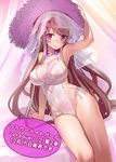  bare_legs braid breasts brown_hair cleavage closed_mouth eyebrows_visible_through_hair flower_knight_girl hat large_breasts long_hair looking_at_viewer miltonia_(flower_knight_girl) purple_eyes sasayuki see-through sitting smile solo sun_hat swimsuit veil white_swimsuit 