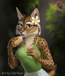  anthro cat clothed clothing delkon digital_media_(artwork) feline female flower fur looking_at_viewer lynx mammal plant simple_background smile solo spots spotted_fur 