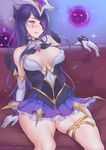  :3 :d bare_shoulders blush breasts center_opening choker cleavage couch elbow_gloves eliskalti eyepatch familair gloves half-closed_eyes league_of_legends looking_at_viewer magical_girl medium_breasts on_couch open_mouth purple_eyes purple_hair sitting skirt smile solo star_guardian_syndra syndra thick_thighs thigh_strap thighs wavy_mouth 
