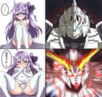  azur_lane blue_eyes blush bow bow_panties breasts commentary_request dress elbow_gloves embarrassed gloves gundam gundam_unicorn hair_ribbon highres medium_breasts meme namesake panties purple_hair rayno reaction ribbon robot side_ponytail speech_bubble spread_legs thighhighs thighs tied_hair trait_connection translation_request underwear unicorn_(azur_lane) unicorn_gundam white_dress white_legwear white_panties 