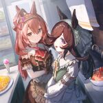  2girls absurdres ahoge animal_ears apron arm_garter ascot blue_eyes bow bowtie breasts brown_dress brown_hair closed_mouth collared_dress dress food green_dress hair_over_one_eye hairband head_scarf highres horse_ears ice_cream indoors long_hair long_sleeves looking_at_viewer mihono_bourbon_(code:glassage)_(umamusume) mihono_bourbon_(umamusume) multiple_girls open_mouth plate purple_eyes red_ascot rice_shower_(umamusume) rice_shower_(yummy_dreamy_fairy)_(umamusume) sink sleeveless sleeveless_dress small_breasts smile standing towel umamusume upper_body waist_apron wrist_cuffs yu_hydra 