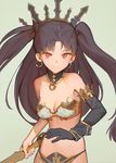  bangs bare_shoulders black_gloves bra breasts choker closed_mouth commentary crown earrings elbow_gloves eyebrows_visible_through_hair fate/grand_order fate_(series) gloves grey_background highres holding holding_weapon hoop_earrings ishtar_(fate/grand_order) jewelry long_hair looking_at_viewer medium_breasts panties red_eyes simple_background single_glove solo standing tim_loechner two_side_up underwear upper_body weapon white_bra 