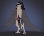  2017 3_fingers animal_genitalia anthro balls bat black_fur canine claws erection front_view fur grey_fur knot male mammal membranous_wings neck_tuft nude penis solo standing teeth toe_claws tuft were werewolf wings wolf yaroul 