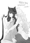  absurdres animal_ears artist_request blake_belladonna blanket cat_ears commentary_request highres hug hug_from_behind korean_commentary monochrome multiple_girls nightgown nude open_clothes rwby translation_request yang_xiao_long yuri 