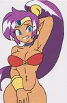  blue_eyes bottomless breasts cleavage covering_crotch earrings embarrassed jewelry large_breasts long_hair looking_at_viewer pointy_ears purple_hair shantae_(character) shantae_(series) smile sweat very_long_hair wayforward 