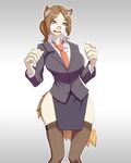  2016 beauty_mark big_breasts breasts brown_eyes brown_hair claws clothed clothing ear_piercing eyewear female glasses hair human human_to_anthro legwear mammal materclaws necktie piercing simple_background solo stockings thigh_highs transformation 