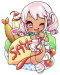  apron binbinsuke chibi crossdressing dark_skin dark_skinned_male earrings food full_body gyaru gyaruo jewelry ketchup kogal looking_at_viewer male_focus one_eye_closed original otoko_no_ko pink_hair pudding red_eyes sasaki_saaya shrimp solo tomato 