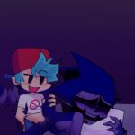 1:1 2021 anal anal_penetration anthro backwards_baseball_cap backwards_hat baseball_cap bed bedroom black_sclera blue_body blue_hair blush blush_lines bodily_fluids boyfriend_(fnf) clothed clothing crack_ship crossover digital_drawing_(artwork) digital_media_(artwork) drooling duo eulipotyphlan friday_night_funkin&#039; fully_clothed furniture hair hat headgear headwear hedgehog hi_res hug hugging_object hugging_pillow human light_body light_skin majin_sonic male male/male mammal on_bed penetration pillow saliva sega shafiri shirt sonic_the_hedgehog sonic_the_hedgehog_(series) topwear