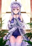  3: alternate_costume arm_guards ass_visible_through_thighs azur_lane backlighting bangs bare_shoulders belfast_(azur_lane) black_dress blue_swimsuit blurry blush braid breasts chain collar collarbone commentary_request curtains depth_of_field dress dress_lift eyebrows_visible_through_hair french_braid frilled_dress frills gloves hand_on_own_chest indoors kotatsu_(kotatsu358) large_breasts lifted_by_self light_frown long_hair long_sleeves looking_at_viewer maid_headdress nose_blush off_shoulder old_school_swimsuit one-piece_swimsuit purple_eyes school_swimsuit shiny shiny_hair silver_hair skindentation solo standing swimsuit swimsuit_under_clothes thigh_gap thighhighs white_gloves white_legwear window 