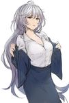  brown_eyes casual collarbone dress granblue_fantasy long_hair removing_jacket sabanobori silva_(granblue_fantasy) silver_hair simple_background solo white_background 