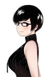  1girl alone bare_shoulders black-framed_eyewear black-framed_glasses black_dress black_hair breasts commentary crimson_eyes dress earring female glasses highres large_breasts original short_hair sideboob simple_background solo white_background 