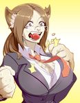  2016 beauty_mark big_breasts breast_expansion breasts brown_eyes brown_hair claws cleavage clothed clothing ear_piercing eyewear fangs female glasses hair huge_breasts human human_to_anthro mammal materclaws necktie piercing simple_background solo tongue tongue_out transformation wardrobe_malfunction 