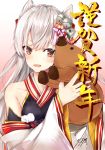  1girl alternate_costume amatsukaze_(kantai_collection) blush brown_eyes commentary_request detached_sleeves dress flower hair_flower hair_ornament hair_tubes highres kantai_collection long_hair looking_at_viewer open_mouth pig seana silver_hair toy translation_request two_side_up windsock 
