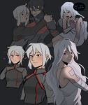  2girls :3 absurdres android ariane_yeong bandaged_arm bandages bandaid bandaid_on_shoulder black_background black_hair black_jacket blood blood_from_mouth blue_eyes blush camisole elster_(signalis) english_text heart highres jacket long_hair military_jacket military_uniform multiple_girls omnlet red_eyes short_hair sidelocks signalis simple_background sparkle speech_bubble sweatdrop white_camisole white_hair yuri 