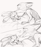  2017 anthro arms_above_head bed black_and_white canine clothed clothing dialogue dipstick_ears disney duo eyes_closed female fox fur half-closed_eyes judy_hopps kissing lagomorph lying male mammal monochrome nick_wilde on_back on_bed pencil_(artwork) rabbit rem289 romantic_couple shirt sketch sleeping smile traditional_media_(artwork) zootopia 