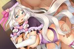  1girl :o ass blue_eyes bow breasts breasts_outside censored clothed_female_nude_male doggystyle elbow_gloves flower_knight_girl game_cg gloves haatokazura_(flower_knight_girl) hair_ornament hat hat_bow heart heart_hair_ornament hetero kurot large_breasts long_hair mosaic_censoring nipples nude official_art open_mouth pink_bow purple_hat sex standing_sex thighhighs torso_grab vaginal white_gloves white_hair 