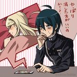  1boy 1girl ahoge akamatsu_kaede black_hair blanket blazer blonde_hair blush buttons danganronpa duo eyebrows eyes_closed hair_ornament hairclip kudakeru musical_note musical_note_hair_ornament new_danganronpa_v3 phone saihara_shuuichi school_uniform short_hair sleeping smile uniform 