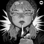  1girl cigarette expressionless greyscale head_scarf highres lighter lips looking_at_viewer mettaflix monochrome original solo twintails upper_body 