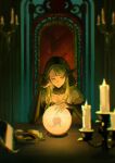 2girls absurdres blonde_hair candle candlestand crystal_ball detached_collar detached_sleeves dungeon_meshi elbow_rest falin_touden falin_touden_(chimera) green_eyes head_scarf highres indoors lace-trimmed_sleeves lace_trim long_hair looking_down marcille_donato marcille_donato_(lord) mirror multiple_girls sitting sleeves_past_wrists solo_focus swept_bangs table upper_body zhi_bi_mu 