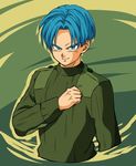  blue_eyes blue_hair clenched_hand dragon_ball dragon_ball_super green_background green_shirt long_sleeves looking_at_viewer male_focus official_style petagon shirt simple_background smile solo trunks_(dragon_ball) 