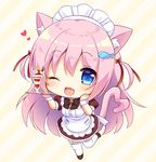  ;d animal_ears apron bangs bell black_bow black_dress black_footwear blue_eyes blush bow cat_ears cat_girl cat_tail chibi commentary_request diagonal-striped_background diagonal_stripes dress eyebrows_visible_through_hair fang fish_hair_ornament frilled_apron frills full_body garter_straps hair_between_eyes hair_ornament heart heart_tail highres holding holding_tray jingle_bell looking_at_viewer maid_headdress natsuki_marina one_eye_closed open_mouth original parfait pink_eyes puffy_short_sleeves puffy_sleeves shoes short_sleeves smile solo standing standing_on_one_leg striped striped_background tail thighhighs tray white_apron white_legwear wrist_cuffs 