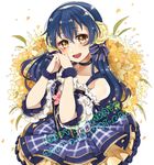  bangs birthday blue_dress blue_hair blush character_name choker commentary_request dated detached_sleeves dress eyebrows_visible_through_hair flower hair_between_eyes hair_flower hair_ornament hair_ribbon hand_up happy_birthday long_hair looking_at_viewer love_live! love_live!_school_idol_project open_mouth plaid plaid_skirt pleated_dress pleated_skirt purin_(purin0) ribbon scrunchie skirt smile solo sonoda_umi striped wrist_scrunchie 