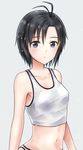  antenna_hair arms_at_sides asymmetrical_bangs bangs bare_arms bare_shoulders black_eyes black_hair blush breasts closed_mouth collarbone covered_nipples crop_top grey_background highres idolmaster idolmaster_(classic) idolmaster_2 kikuchi_makoto looking_at_viewer mogskg navel panties short_hair simple_background sleeveless small_breasts solo stomach tank_top underwear upper_body white_panties 