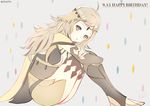  1girl artist_name atoatto blonde_hair breasts brown_eyes circlet cleavage dated fire_emblem fire_emblem_if grey_background happy_birthday long_hair medium_breasts open_mouth ophelia_(fire_emblem_if) sitting 