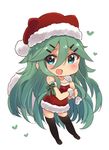  alternate_costume black_legwear blue_eyes blush commentary_request green_hair green_ribbon hair_between_eyes hat heart kantai_collection long_hair open_mouth pom_pom_(clothes) ribbon santa_costume santa_hat simple_background solo suzuki_toto thighhighs white_background yamakaze_(kantai_collection) 