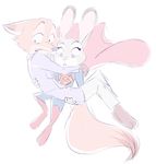  2016 4_fingers absurd_res anthro canine cape carrying cheek_tuft claws clothed clothing colored_sketch costume crossdressing digital_drawing_(artwork) digital_media_(artwork) dipstick_ears dipstick_tail disney duo female flying fox fur grey_fur hi_res judy_hopps judylavernehopps lagomorph lois_lane looking_down male mammal multicolored_tail nick_wilde open_mouth orange_fur pants purple_eyes rabbit raised_eyebrows scared simple_background suit superhero superman tuft white_background zootopia 