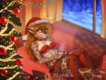  2017 abs anthro beverage blonde_hair blue_eyes breasts brown_fur brown_nose brown_spots cheek_tuft christmas christmas_tree clothed clothing detailed_background digital_media_(artwork) elbow_tufts feline female fur hair holding_object holidays hot_chocolate imanika inner_ear_fluff legwear leopard long_hair looking_at_viewer mammal skimpy smile solo spots spotted_fur striped_legwear stripes tree tuft 