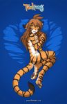 anthro blue_background blush breasts brown_hair butt casual_nudity chest_tuft curled_tail curled_up digitigrade edit english_text feline female flora_(twokinds) fur hair keidran long_hair looking_at_viewer lying mammal multicolored_fur nipples nude on_side open_mouth orange_fur pawpads pillow simple_background smile solo striped_fur stripes text tiger toe_curl tom_fischbach tongue tuft twokinds webcomic white_fur yellow_eyes 