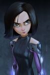  1girl alita artist_name bare_shoulders battle_angel_alita black_bodysuit black_hair blunt_ends bob_cut bodysuit breasts brown_eyes commentary cyborg english_commentary furrowed_brow gradient_hair grey_background lips looking_afar looking_to_the_side looking_up loose_hair_strand mechanical_arms medium_breasts multicolored_hair nose pink_lips purple_hair sleeveless sleeveless_bodysuit solo standing swept_bangs twitter_username upper_body v-shaped_eyebrows xi_ding 