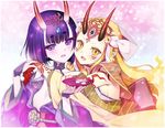  artist_name breasts carnelian cherry_blossoms choko_(cup) cup facial_mark fang fate/grand_order fate_(series) headpiece horns ibaraki_douji_(fate/grand_order) long_hair looking_at_viewer multiple_girls oni oni_horns open_mouth petals pointy_ears purple_hair short_eyebrows short_hair shuten_douji_(fate/grand_order) sideboob small_breasts tattoo yellow_eyes 