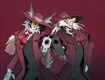  2017 alucard_(hellsing) chest_tuft clothed clothing denu ear_tuft eyewear feline fully_clothed fur glasses gloves gradient_background grey_fur grin gun hat hellsing holding_object holding_weapon looking_at_viewer male mammal ranged_weapon red_eyes sergal silverdeni simple_background smile tuft weapon white_fur 