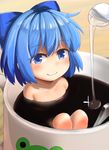  absurdres blue_bow blue_eyes blue_hair bow cirno closed_mouth coffee coffee_mug collarbone commentary cup eyebrows_visible_through_hair hair_bow highres in_container in_cup looking_at_viewer minigirl mug nude partially_submerged saisoku_no_yukkuri short_hair smile smug solo sparkle touhou 