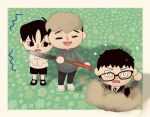  3boys animal_crossing animal_crossing_(style) crooked_eyewear holding holding_shovel katonist killing_stalking laughing male_focus multiple_boys oh_sangwoo shovel smile through_ground triangle_nose worried yang_seungbae yoon_bum 