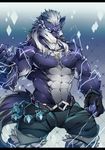  2017 abs anthro biceps canine clothed clothing digital_media_(artwork) fur kemono male mammal muscular muscular_male nipples pants tengo topless wolf 